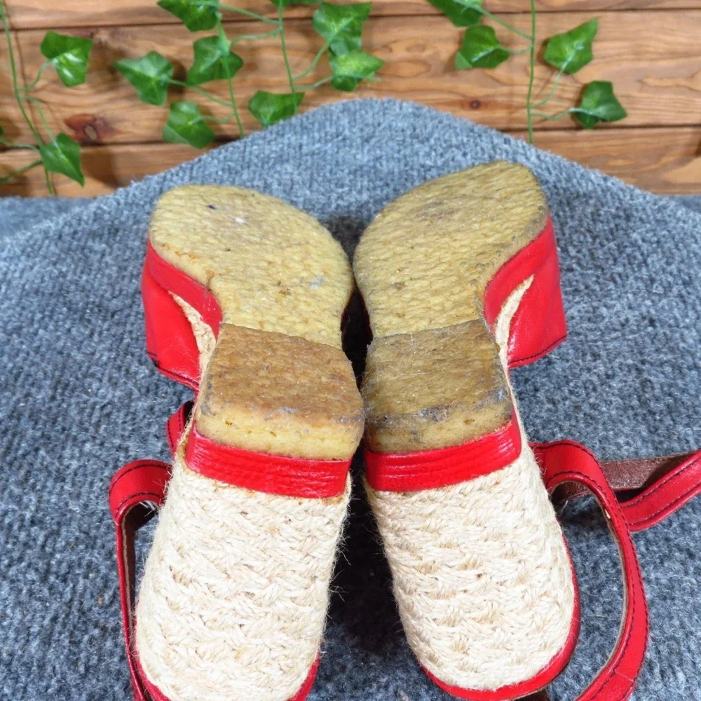 Collection‎ Europa Womens Wedge Espadrille Sandals Sz 7 Narrow Red Leather Spain